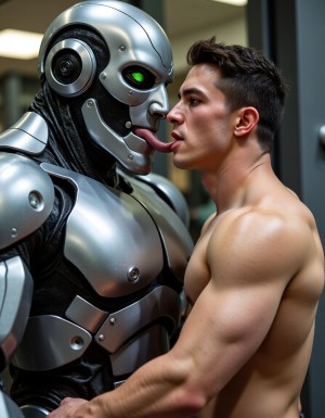 Un joven twink de cuerpo marcado con 24 años, de mirada inteligente, latino qué es doblegado por un musculoso robot con rostro cyborg de ojos verdes, cuerpo atlético, más grande, y con la lengua afuera lamiendole el cuello al joven