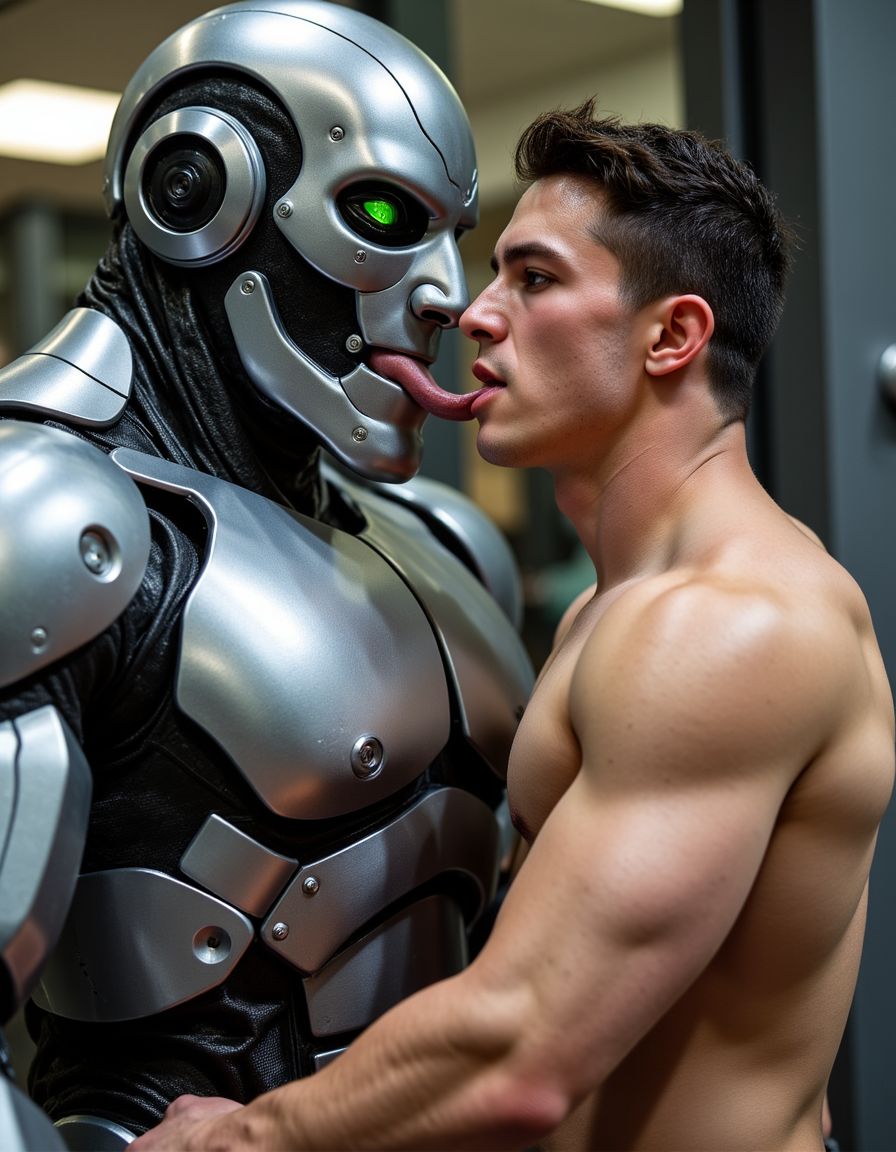 Un joven twink de cuerpo marcado con 24 años, de mirada inteligente, latino qué es doblegado por un musculoso robot con rostro cyborg de ojos verdes, cuerpo atlético, más grande, y con la lengua afuera lamiendole el cuello al joven