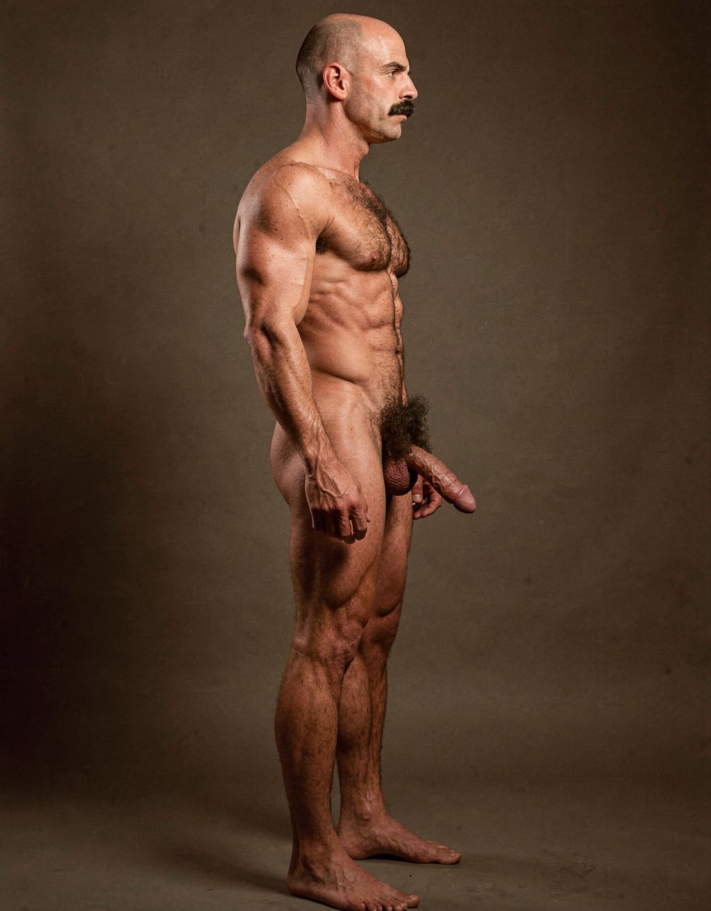 Mike Morris, a 32-year-old extremely lean Caucasian male with only 8% body fat, stands completely naked in a strict military attention pose captured in a full-body exact side profile at 90 degrees from his left side. The shot runs from the tips of his size 44 slightly hairy feet all the way up to the top of his bald head, showing his entire body without any cropping. His physique is dry, highly vascular and powerfully defined: massive square pectorals seen in perfect side silhouette, dense dark brown chest hair forming a thick T-pattern, sharply carved six-pack abs in clear profile, narrow waist, wide lats, powerful thighs and diamond-shaped calves. Dramatic directional studio lighting comes from high and slightly in front of him, creating strong rim lighting that traces the sharp outline of his entire body, the texture of his dense dark body hair on chest, lower back, ass and legs, and deep shadows that accentuate every muscle separation, vein and the extreme dryness of his 8% body fat physique. His advanced Norwood III-IV bald scalp shines under the light, with short dense dark brown hair on the sides and back of his head. His square angular face is shown in pure profile: strong jawline, prominent chin with slight central dimple, thick dark handlebar mustache, heavy brow and intense deep-set brown eye looking straight forward with a serious, commanding expression. His penis is fully visible in perfect side view, completely natural and realistic: thick, 24 cm long when fully erect, with a natural slight upward curve, prominent dorsal veins, long foreskin partially covering the pink-red glans, and realistic lighter skin tone. Below it hang his large, low-hanging testicles with wrinkled darker skin and dense dark brown hair. The extremely thick, curly dark brown pubic bush climbs almost to his navel and surrounds the base of his cock and balls generously. Every anatomical detail from his veined hands and forearms to his muscular ass, hamstrings, diamond calves and hairy toes is perfectly proportioned and free of any deformation. Photorealistic, high-contrast, masculine 1970s Colt Studio aesthetic with subtle grainy film texture.