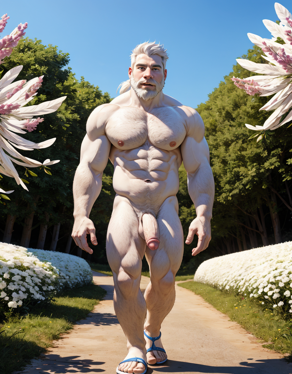 Hombre blanco desnudo musculoso, tiene pene blanco, tiene testículos blancos. Tiene mucho vello blanco. Tiene pelo largo blanco. Tiene barba blanca. Tiene sandalias blancas. Tiene pezones grandes largos y puntiagudos. Está andando por un camino en el campo con flores blancas. Está totalmente desnudo. Sale líquido blanco por sus pezones.