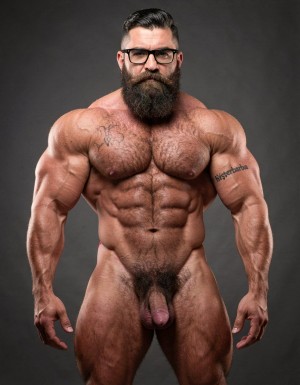 A highly detailed full-body nude photograph of a 40-year-old dominant muscle bear named Hipsterbarba, standing confidently in a well-lit studio with dramatic lighting that accentuates every muscle. He is 180cm tall, 80kg with 8% body fat, extremely muscular and symmetrical. Massive rounded hairy pecs with clear separation and dark pointed nipples, shredded six-pack abs with deep cuts and visible obliques forming a strong V-taper, wide shoulders, vascular arms, huge quads and defined legs. Very dense black masculine body hair covering his chest, running down in a thick treasure trail to a very bushy dark pubic area. He has a perfectly groomed long Bandholz beard that reaches mid-chest, thick mustache with curled upward spiral ends, modern high fade undercut hairstyle, black hipster glasses, and a small tattoo on his right bicep that reads 