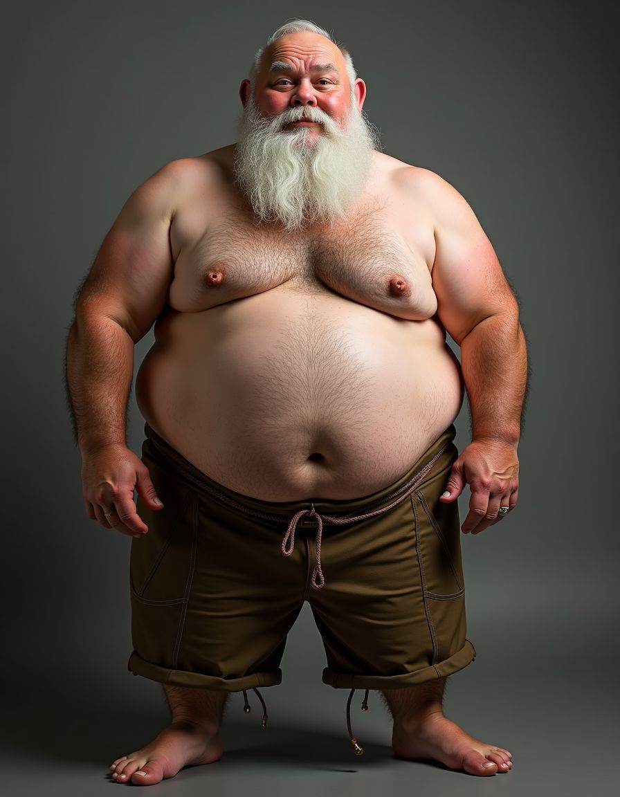 Un abuelo obeso de 65 años, con barba blanca,chaps,pene gordo y pequeño