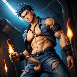 Dos hombres de 25 años, musculosos, penes visibles, visten chaquetas de denim desgastadas y arneses de cuero gastados, en una celda de mazmorra oscura, iluminada por antorchas, expresiones de desafío y cansancio, posados dinámicamente, estilo cubista, colores intensos, líneas exageradas, detalles hiperrealistas, texturas de piel y cuero, atmósfera oscura y provocativa.
