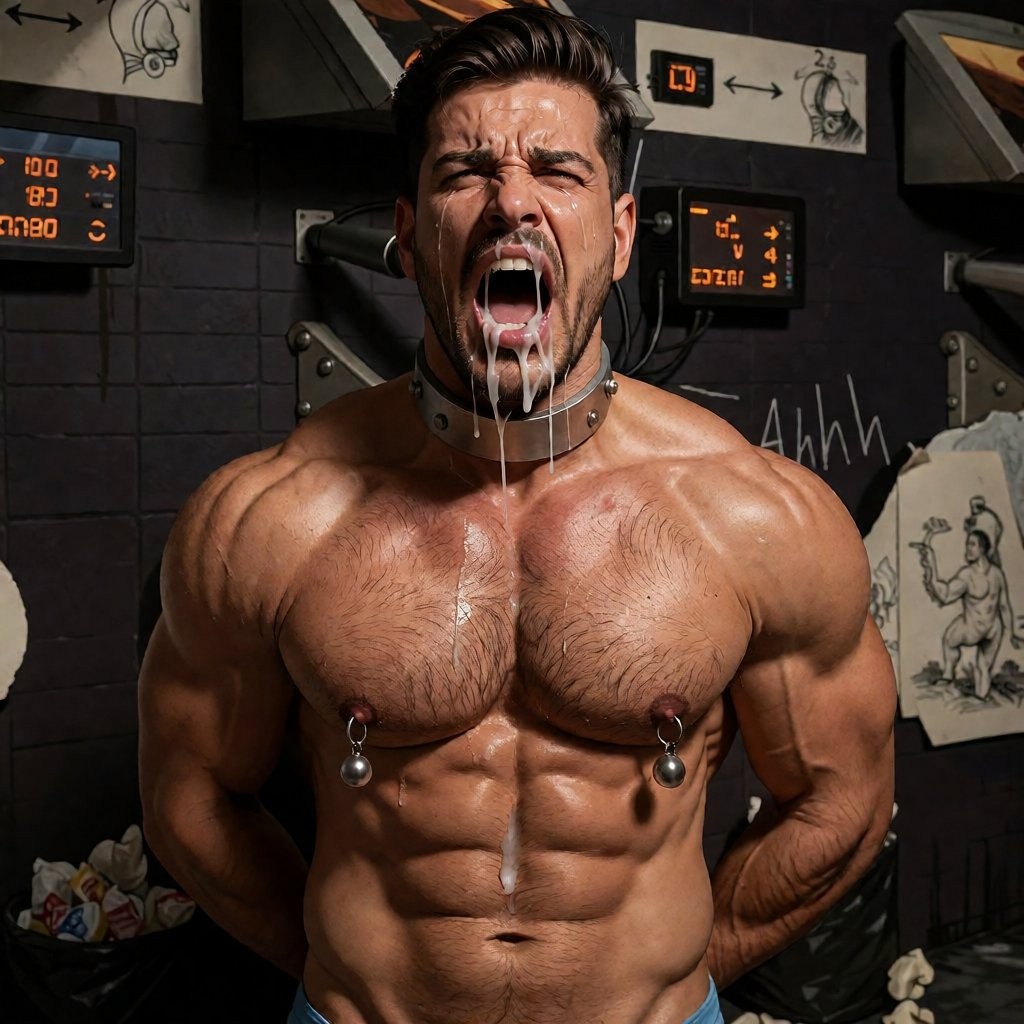 Hombre muy musculoso y sudoroso, con el torso desnudo, abdominales marcados, pecho velludo y pezones perforados con piercings metálicos, aparece gritando con los ojos cerrados y la boca muy abierta mientras un fluido blanco espeso le cae desde los labios por la barbilla, el cuello y el centro del pecho. Lleva una especie de collar rígido alrededor del cuello y mantiene los brazos hacia atrás, creando una postura tensa y de sometimiento físico. El fondo oscuro recuerda a una sala industrial o laboratorio de entrenamiento, con paneles electrónicos, pantallas con números naranjas, cables, dibujos anatómicos en papel y grafitis en la pared, reforzando una atmósfera intensa, fetichista y corporal.