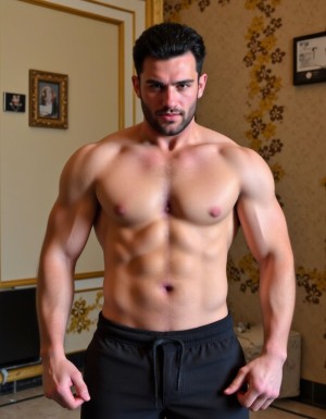 A Saudi muscle man, 30 years old, with a strong and athletic build, stands confidently in a luxurious Arabian-style room adorned with intricate golden decorations and expensive furniture, his dark hair perfectly groomed and styled, complemented by a well-groomed beard that frames his chiseled features. He wears no clothing, proudly showcasing his fully naked body, with a large erect cock, prominent balls, and a hairy, muscular chest that accentuates his masculinity. His skin glistens with a subtle sheen of oil, highlighting the definition of his  naked cock ripped abs, bulging biceps, and broad shoulders, all of which are testament to his dedication to fitness and athleticism. With a confident and masculine pose, he exudes an aura of strength and virility, his erect penis a focal point of his powerful physique. The scene is set against the opulent backdrop of the Arabian-style room, with its intricate patterns and expensive furnishings, creating a striking contrast between the luxurious surroundings and the raw, unbridled masculinity of the Saudi muscle man, captured in a hyper-realistic photo with high-quality details that accentuate every aspect of his powerful body.
