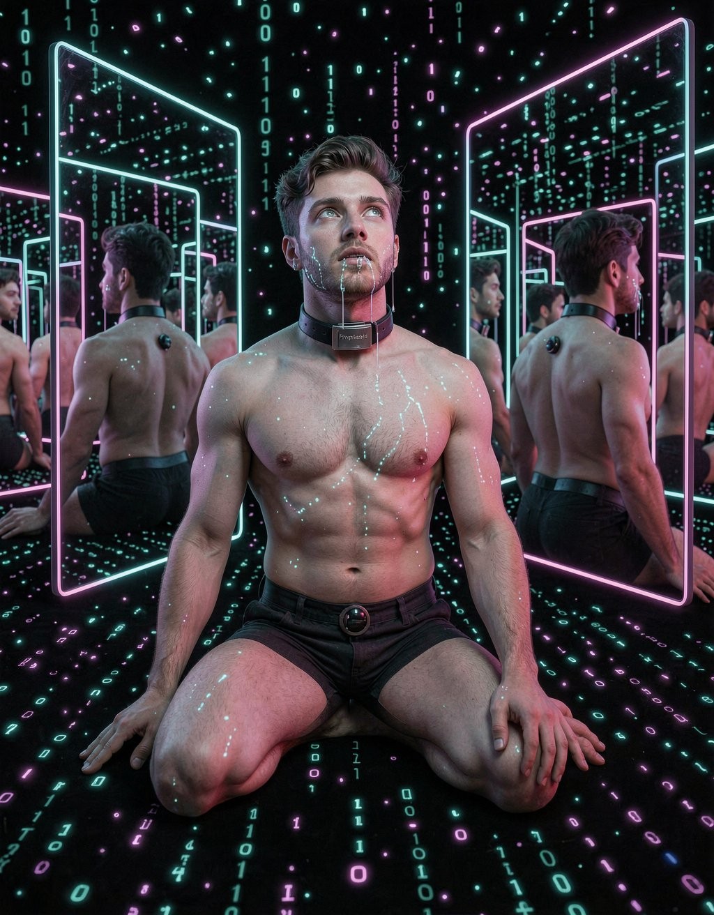 A muscular shirtless man appears kneeling in a futuristic cyberpunk-style room, his bare torso covered by reflections of green, pink, and blue binary codes falling like digital rain over the walls, the floor, and his skin. He wears tight black shorts and a technological collar around his neck, while looking upward with an intense and somewhat hypnotic expression. On both sides, large mirrors with neon edges multiply his figure from different angles, showing his back, profile, and repeated reflections in a dark, shiny, immersive environment dominated by LED lights, digital data, virtual reality, and a sensual, technological science-fiction atmosphere.