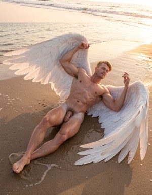 Un hombre desnudo yace reclinado sobre la arena húmeda de una playa al atardecer, con grandes alas blancas desplegadas a ambos lados como si representara a un ángel caído. Su cuerpo musculoso y bronceado aparece iluminado por una luz cálida, con el torso, las piernas y el pene visibles de forma frontal, mientras apoya un brazo sobre una de las alas y mantiene la otra mano ligeramente alzada. El mar queda al fondo con pequeñas olas acercándose a la orilla, y la espuma dibuja líneas suaves alrededor de sus pies, creando una escena artística, sensual y mitológica con estética de fantasía.