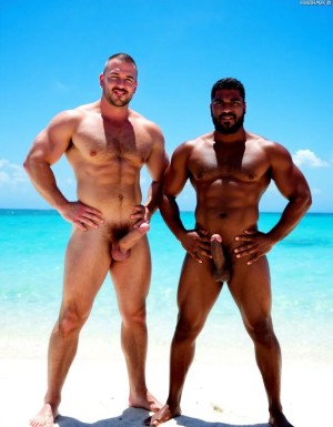Rodrigo y Maximiliano son dos hombres culturistas de competición posando juntos en una playa de arena blanca con mar turquesa cristalino de fondo y cielo azul despejado, ambos descalzos sobre la arena, sonriendo a cámara con complicidad, postura relajada con las caderas pegadas y manos en la cintura.

Rodrigo es un hombre que está a la izquierda: caucásico de 35 años, cabeza completamente rapada y afeitada brillante por el sol, rostro cuadrado con mandíbula ancha, sonrisa amplia mostrando dientes blancos, cejas finas oscuras, ojos oscuros, piel bronceada aceitosa con brillo uniforme, cuello grueso de toro con trapecios enormes subiendo hasta las orejas, deltoides redondos y estriados como bolas de cañón con separación clara de las tres cabezas, pectorales masivos gruesos y cuadrados con estriaciones visibles en la parte inferior y surco profundo entre ambos, pezones pequeños apuntando hacia abajo por el volumen del pectoral, brazos enormes con bíceps con pico pronunciado y vena cefálica gruesa visible, tríceps con herradura marcada, antebrazos gruesos vascularizados, abdominales de seis bloques marcados con separaciones profundas, oblicuos definidos, serratos visibles, dorsales anchos que sobresalen por detrás dándole forma de V pronunciada, completamente desnudo de cintura para abajo, polla erecta de treinta y seis centímetros de longitud y ocho coma cinco centímetros de diámetro apuntando hacia arriba y ligeramente a la derecha, tronco grueso y venoso con venas retorcidas recorriéndolo desde la base hasta el glande, glande grande rosado hinchado y brillante completamente expuesto, testículos enormes gordos y pesados colgando bajos en un escroto relajado por el calor oscurecido por el bronceado, pubis recortado corto, muslos masivos con cuádriceps con forma de lágrima y separaciones marcadas, gemelos gruesos con forma de diamante, pies grandes sobre la arena.

Maximiliano es un hombre que está a la derecha: negro de piel oscura de 45 años, cabeza rapada al cero, rostro angular con pómulos altos y marcados, mandíbula cuadrada y definida, sonrisa confiada mostrando dientes blancos, ojos oscuros intensos, piel negra brillante y aceitada que resalta cada definición muscular con reflejos del sol, cuello grueso con trapecios altos, deltoides estriados enormes y redondos con venas cruzándolos, pectorales cuadrados duros y estriados con pezones oscuros pequeños, separación brutal entre ambos pectorales, brazos fibrosos masivos con bíceps vascularizados y venas gruesas serpenteando por todo el brazo, tríceps estriados con las tres cabezas visibles, antebrazos secos con cada tendón marcado, abdominales de ocho bloques profundamente tallados con piel fina pegada al músculo mostrando cada fibra, oblicuos cortados como cuchillas, serratos marcados individualmente, dorsales anchos y gruesos, completamente desnudo de cintura para abajo, polla erecta de treinta y seis centímetros de longitud y ocho coma cinco centímetros de diámetro con tronco oscuro grueso y pesado cubierto de venas hinchadas prominentes, glande enorme oscuro casi negro brillante de líquido preseminal, prepucio retraído por completo, testículos enormes gordos y llenos colgando pesados y bajos en un escroto oscuro arrugado y relajado, pubis con vello negro corto y rizado, muslos enormes fibrosos con cuádriceps estriados y femorales como cuerdas de acero, gemelos definidos y duros, pies descalzos sobre la arena blanca.

Iluminación natural directa del sol cenital con reflejos en la piel aceitada de Rodrigo y Maximiliano, sombras cortas en la arena, alta resolución fotográfica hiperrealista, textura de piel con poros visibles, gotas de sudor y aceite, calidad de fotografía profesional editorial deportiva, plano frontal de cuerpo entero.



No distorsiones y NO DEFORMACIONES.