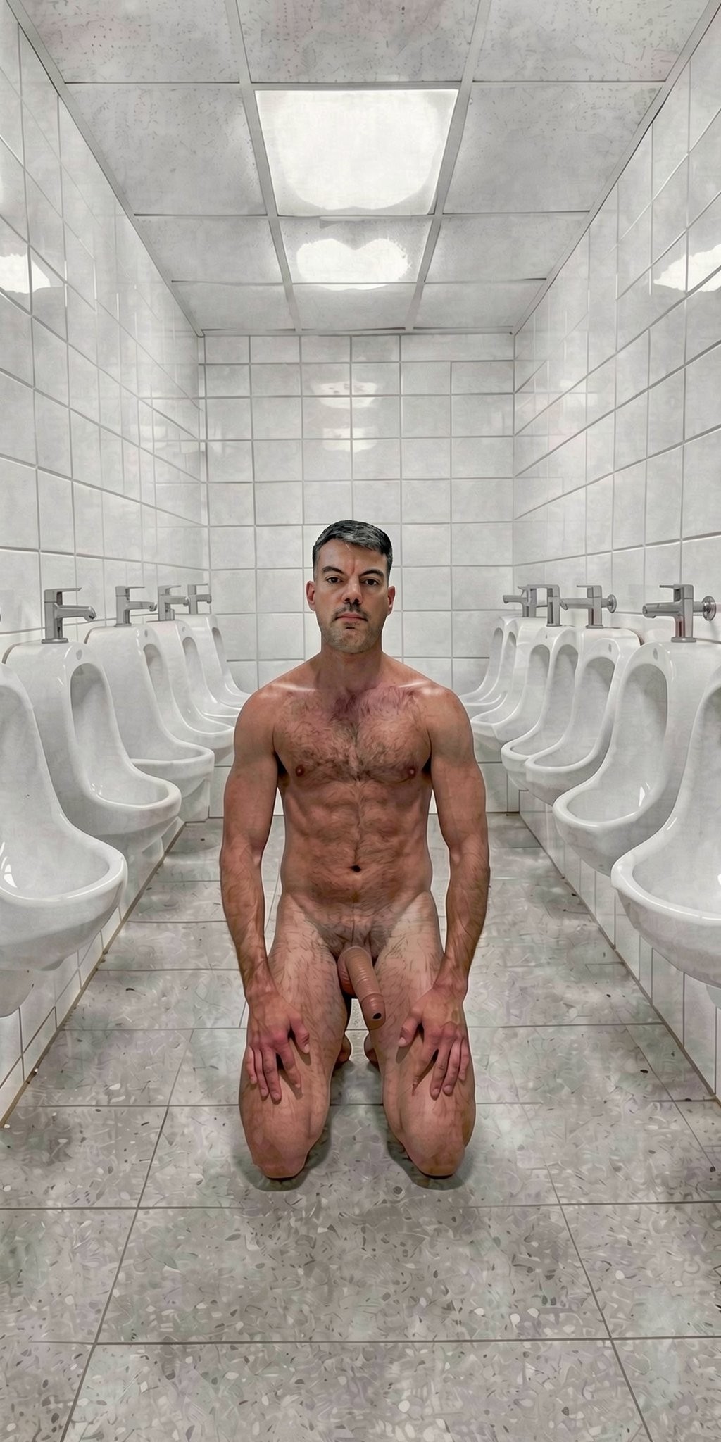 Un hombre desnudo permanece arrodillado en el suelo de un baño público, centrado entre dos filas de urinarios blancos alineados a ambos lados de la estancia. Tiene el torso musculado, vello en el pecho, el pelo corto y oscuro, y mira de frente con expresión seria mientras apoya las manos sobre los muslos; su pene queda visible entre las piernas en una postura frontal y expuesta. El entorno está revestido de azulejos blancos y grises, con suelo de baldosas desgastadas, grifería metálica y luces fluorescentes en el techo que crean una atmósfera fría, simétrica y aséptica, propia de un vestuario o aseo público masculino.