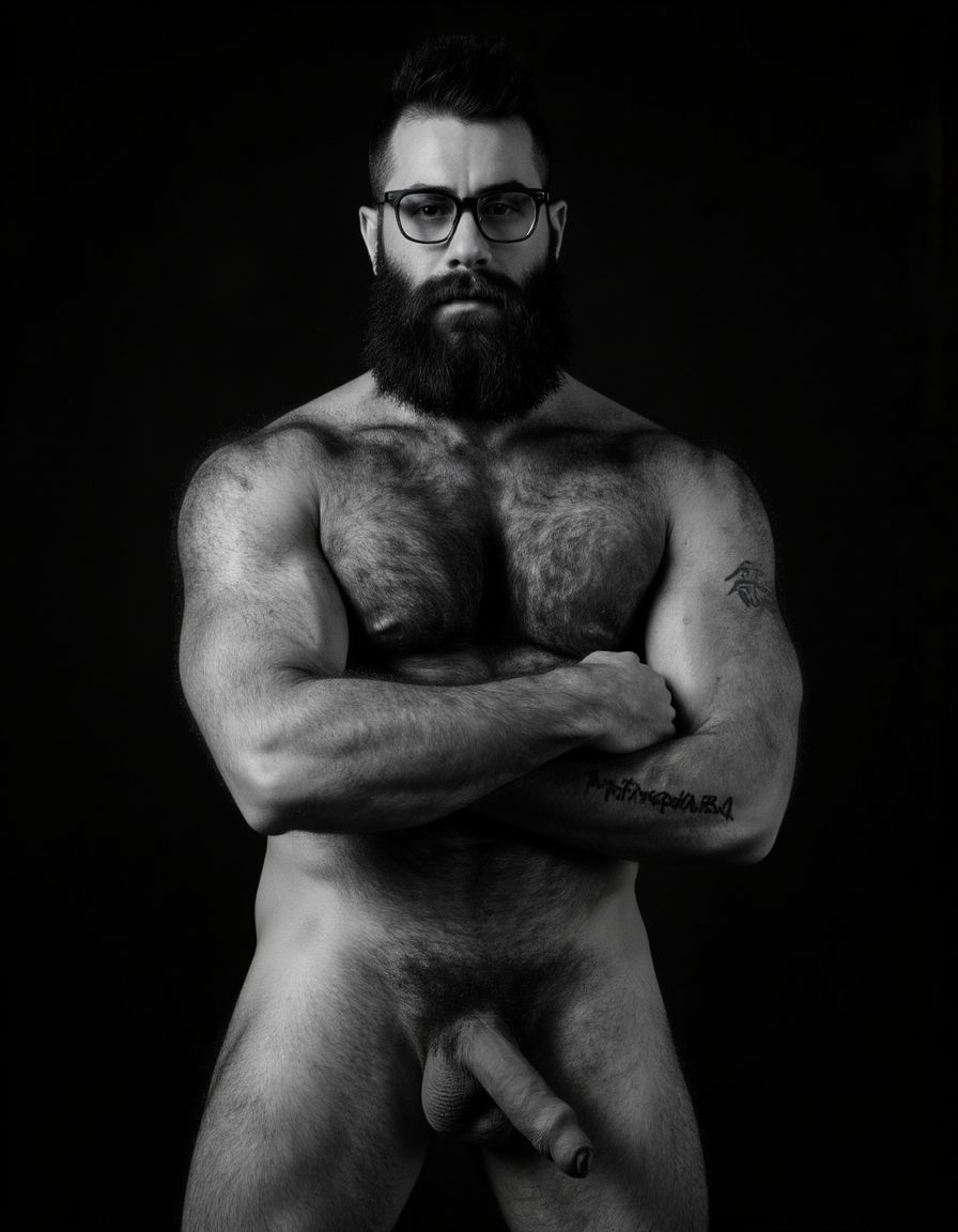 Fotografía hiperrealista en blanco y negro de un hombre adulto musculoso a la vista desde las rodillas para arriba hasta la cabeza, cuerpo muy delgado con musculación marcada y definida, rostro masculino, totalmente desnudo con polla erecta de treinta centímetros de longitud y ocho centímetros de diámetro, tiene rasgos marcados duros expresivos, barba densa poblada tupida oscura estilo hipster cubriendo completamente mandíbula mentón mejillas con grosor uniforme textura abundante muy definida, bigote denso tupido oscuro conectado perfectamente con la barba completa cubriendo completamente el labio superior, pelo oscuro medio peinado completamente recto hacia arriba con volumen considerable estilo hipster moderno quiff puntas verticales texturizadas hacia el cielo con altura prominente, cejas gruesas oscuras pobladas muy marcadas definidas, gafas de montura completa negra cuadradas grandes estilo hipster moderno sobre el puente de la nariz enmarcando unos ojos oscuros intensos que miran directamente a cámara con expresión seria penetrante confiada, expresión facial seria masculina sin sonrisa con mirada directa desafiante, pómulos marcados definidos angulares, nariz recta proporcionada, labios medios apenas visibles completamente cubiertos por bigote denso que conecta con la barba hipster completa, torso desnudo muy musculoso con pectorales enormes desarrollados y definidos, hombros anchos musculosos deltoide prominentes, brazos musculosos gruesos con bíceps y tríceps marcados visibles a ambos lados del cuerpo, abdomen tonificado marcado visible desde la cintura, piel con textura realista detallada poros imperfecciones sutiles, vello corporal denso oscuro abundante cubriendo pectorales abdomen brazos hombros con textura natural masculina muy visible, tatuaje en tinta negra en el bíceps del brazo derecho con la palabra exacta 