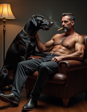 Un hombre maduro de 50 años, sentado en un sillón de cuero marrón oscuro, con un puro cubano entre los dedos de su mano derecha, muestra una expresión de satisfacción y relajación en su rostro bronceado. Lleva un arnés de cuero negro ajustado a su torso musculoso y velludo, resaltando su pecho ancho y definido. Sus pantalones largos de cuero negro están ajustados a sus piernas atléticas, mostrando su figura imponente y sensual. Sus botas de cuero negro con hebilla de plata brillante descansan sobre la espalda de un perro grande y peludo, un pastor alemán, que mira hacia arriba con la lengua fuera y una expresión de gratitud y adoración en sus ojos castaños. El perro, evidentemente agradecido, lame suavemente la bota del hombre, mientras este exhala el humo del puro en una nube relajante y sensual que se disipa en el aire cálido. La escena está iluminada con una luz cálida y sensual, resaltando los detalles del cuero y la textura del pelo del perro, así como la erección visible del hombre bajo sus pantalones de cuero ajustados. El arnés de cuero resalta su torso musculoso y velludo, y su rostro muestra una expresión de placer y satisfacción. La imagen es hiperrealista, con detalles de alta calidad y una atmósfera sensual y provocativa que invita a la contemplación. El hombre tiene una barba corta y oscura, y su cabello es oscuro y peinado hacia atrás, mostrando su frente ancha y su mirada intensa y sensual. El perro, por su parte, tiene una expresión de devoción y lealtad hacia el hombre, y su lenguaje corporal muestra una clara señal de sumisión y admiración. La escena es una representación perfecta de la conexión entre el hombre y el animal, y la sensualidad y el placer que se derivan de esta relación.