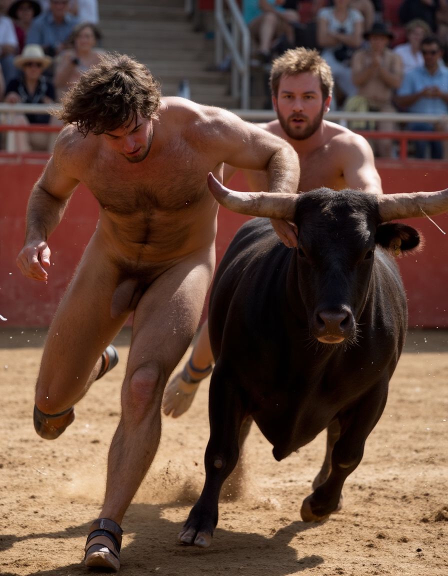 Un torero español musculoso y velludo de 50 años, con torso atlético y marcado, se muestra completamente desnudo, destacando su pene de 30 cm de longitud y 5 cm de grosor, perfectamente formado y rodeado de un denso vello púbico castaño oscuro. Sus testículos, perfectamente formados, cuelgan de forma prominente. La piel bronceada y sudorosa resalta su musculatura definida, con pectorales y abdominales bien marcados y sin grasa. El cabello largo y castaño oscuro está despeinado y sudoroso, con gotas de sudor resbalando por su frente y mejillas. Una barba incipiente y un vello corporal denso que se extiende por su pecho, piernas y brazos completan su apariencia viril. Lleva sandalias marrones en sus pies.

A su lado, un hombre musculoso y velludo de 30 años, completamente desnudo, muestra un pene erecto de 30 cm de longitud y 4 cm de grosor, hermoso y perfecto, rodeado de un denso vello púbico pelirrojo. Su piel bronceada y sudorosa muestra una musculatura definida, con pectorales y abdominales muy marcados. Tiene cabello pelirrojo despeinado y sudoroso. Tiene una barba pelirroja densa pero bien recortada. El vello corporal pelirrojo denso cubre su pecho, y tiene mucho vello pelirrojo en sus piernas y brazos, lo que realza su apariencia masculina y atlética. Están corriendo en la plaza de toros con un toro

Ambos hombres se encuentran en una plaza de toros, con sombras que resaltan su musculatura y vello corporal, creando un ambiente sensual y cargado de tensión. Están en pleno acto de pasión, con sus penes erectos y testículos prominentes ,destacando su musculatura, vello corporal y atributos viriles en una imagen impactante y llena de energía. La escena está llena de sensualidad y poder, con los dos hombres como protagonistas, en un ambiente cargado de pasión y erotismo. La imagen es híper realista, con detalles de alta calidad, y muestra la unión de los dos hombres en un acto de pasión y dominio, con sus cuerpos musculosos y velludos completamente desnudos y visibles, mostrando su excitación y pasión en cada detalle. Tienen sus penes erectos, desde la uretra del glande del pene eyaculan semen blanco lanzado en abundancia. Están totalmente desnudos. Tiene un pene de 30 cm de longitud y 5 cm de diámetro.