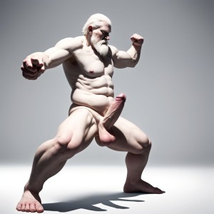nordico albino muy viejo, verga flacida y grande, colgando, huevos grandes en posicion de lucha