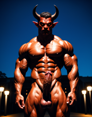 Demonio musculoso fibrado, cuernos grandes, piel roja, un pene enorme con semen negro, actitud dominante, ojos negros penetrantes, mirada intensa, músculos definidos, postura imponente.