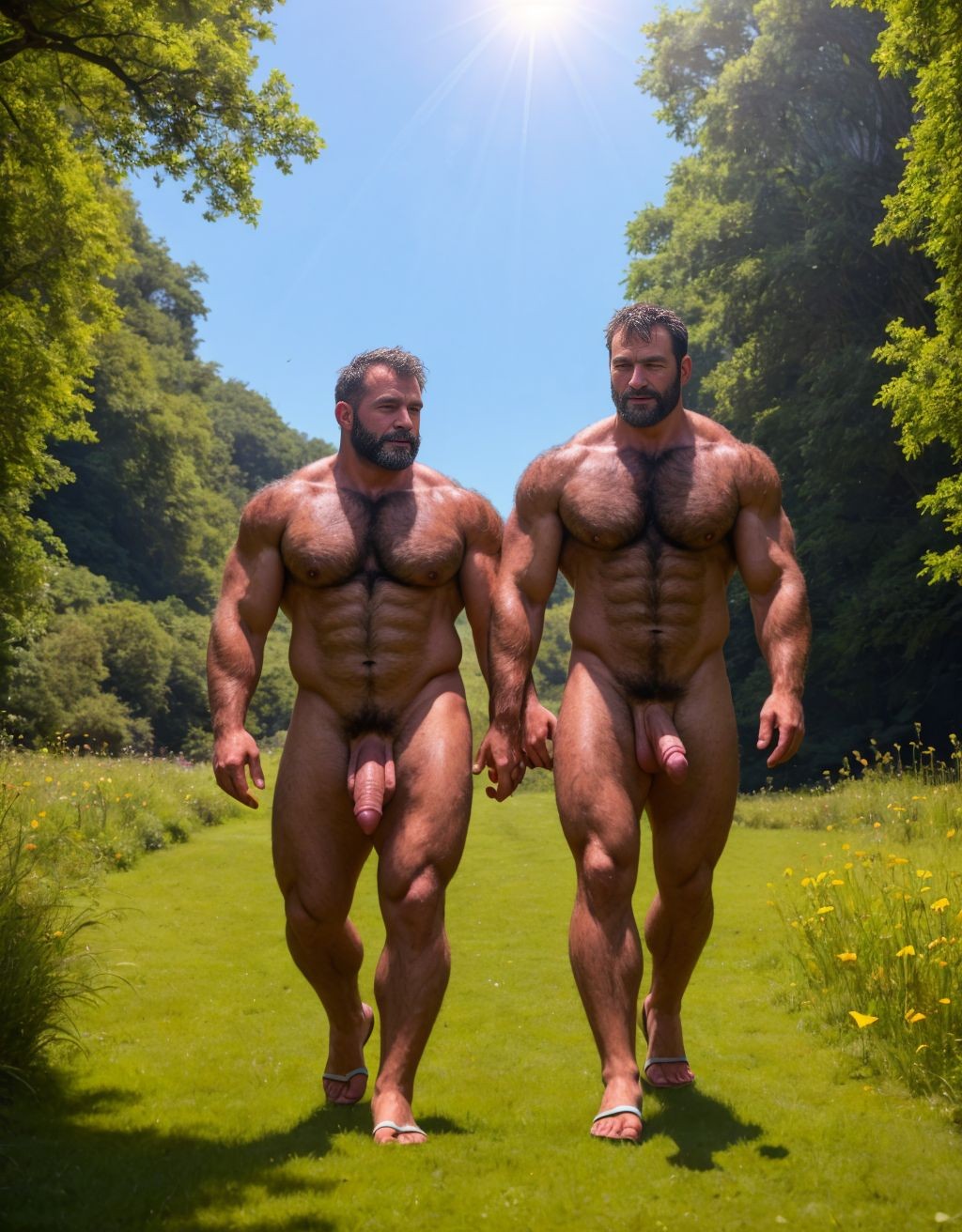 Dos Hombres desnudos con pene grande y grandes testículos peludos. Tiene Cabeza y cara de hombre de 40 años de edad. Tiene un pene grande y erecto de donde sale semen líquido blanco. Con la mano se acaricia suavemente. Tiene mucho vello por todo el cuerpo. Lleva sandalias de color rojo en los pies. Es muy mucho viril, con cara de malote. Está andando por un camino de un prado verde lleno de mariposas. Está delgado. Tiene los pies en el suelo. Está contento. Tiene mucho vello en todo el cuerpo. Es muy delgado. Tiene zapatos en los pies. Tiene mucho vello. Es muy delgado. Tiene los pies en el suelo. Tiene nariz grande. Son muy viriles.