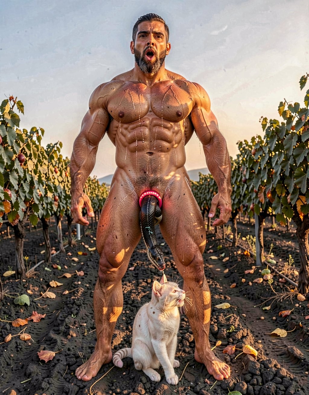 A raw, extremely photorealistic full-body vertical photograph taken on location with Canon EOS R5, 85mm f/1.4 lens at f/2, natural golden-hour Mediterranean sunlight hitting the scene in an Assyrtiko vineyard on Santorini. Dimitris, 35-year-old powerfully built Greek man with completely authentic mature muscle, real skin imperfections, visible pores and natural body hair, stands totally naked with his bare feet planted wide on dark volcanic soil. Shot from a low three-quarter rear angle that perfectly frames his massive muscular back, thick rounded shoulders, narrow waist and round, densely hairy glutes. His head is turned over his left shoulder, thick black beard with natural silver strands visible in profile, mouth slack and genuinely open in shock, eyes wide and unfocused as he stares straight up at the sky with a raw, unfiltered expression of surprise, discomfort and intense bodily sensation. A large, completely realistic python with glossy black scales and subtle emerald reflections has forced its broad head and a thick muscular section of its body deep into his hairy anus. The sphincter is stretched to its absolute physical limit around the snake’s thick torso, pink inner rim visibly gripping with authentic redness, natural swelling, visible tension, every tiny wrinkle, dark anal hair and involuntary muscular spasm captured with clinical, documentary clarity. Thick beads of real sweat trickle down his crack, mixing with natural lubrication as the snake slowly and powerfully pushes further inside with visible contractions. At his feet, a real white domestic cat with slightly dirty soft fur sits calmly on the volcanic earth and licks the toes and sole of Dimitris’ right foot with slow, wet, deliberate strokes of its small pink tongue, leaving visible saliva trails on the skin and between the toes. True sunlight creates authentic specular highlights on wet skin, glossy scales, the stretched anal tissue, individual body hairs, sweat droplets and the cat’s fur, with deep natural shadows and shallow depth of field that keeps razor-sharp focus on the penetration, the stretched hole and the cat’s tongue while softly blurring the distant vines. Obsessive photographic realism: visible skin pores, real skin texture and imperfections, individual hairs, natural muscle striations, realistic scale patterns, authentic physical reaction of the stretched anus, wet saliva, dust particles on the cat’s paws and fur, pure unembellished documentary precision as if taken by a professional photographer standing right there on location, zero artistic stylization whatsoever.