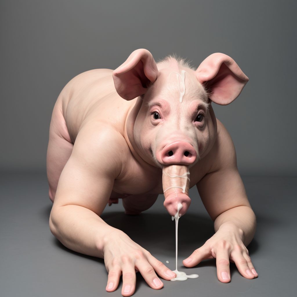 Disfrazada de cerda a cuatro patas comiendo una polla que rebosa lefa