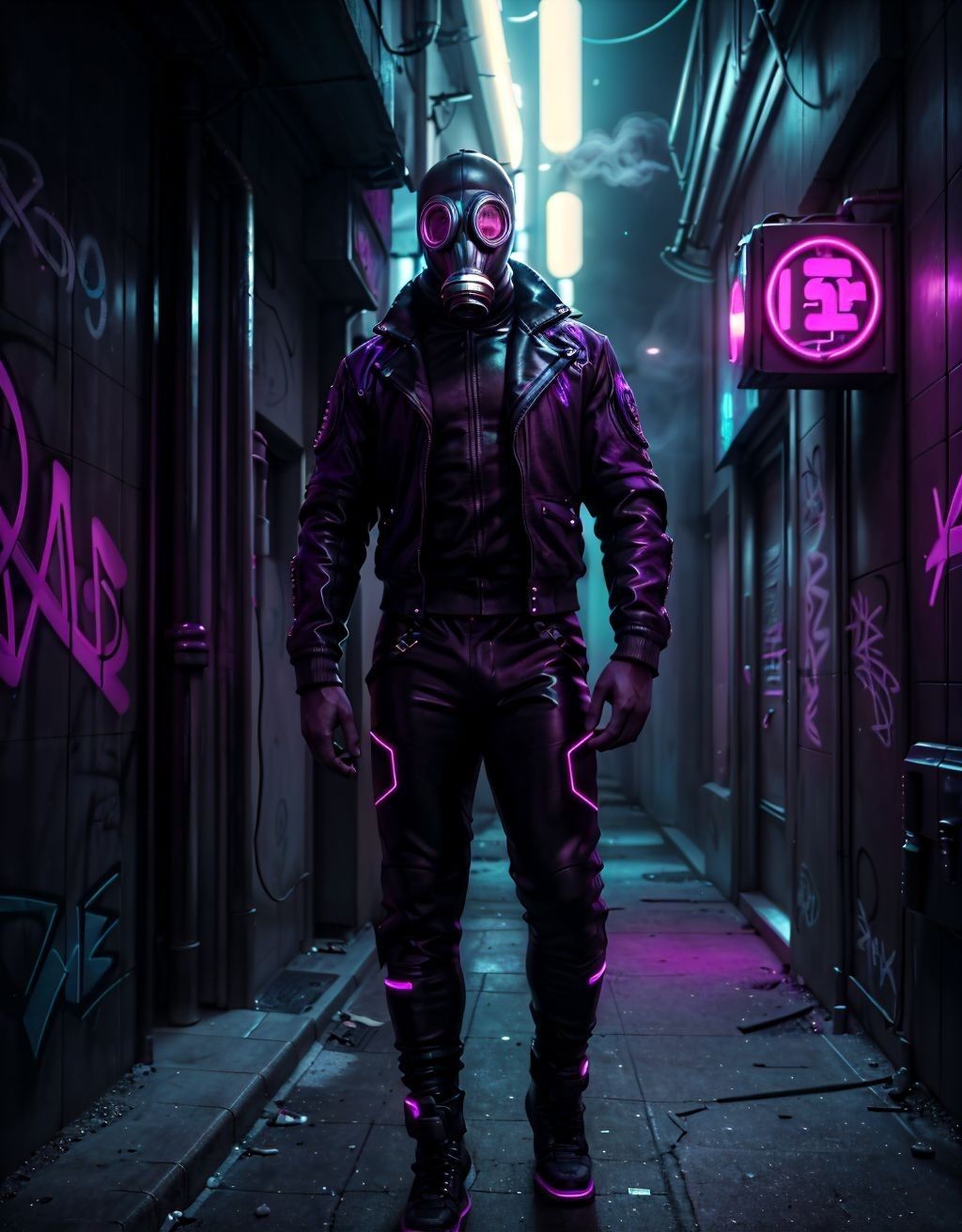 Un personaje de estética cyberpunk camina por un callejón oscuro y estrecho, vestido con chaqueta de cuero negra, pantalones ajustados con detalles luminosos morados y botas robustas. Lleva una máscara de gas futurista con lentes circulares brillantes en tonos magenta, que oculta por completo su rostro y refuerza una atmósfera distópica y misteriosa. El entorno urbano está lleno de grafitis, cables, tuberías, paredes metálicas y basura dispersa en el suelo húmedo, iluminado por luces de neón azules y violetas. A la derecha destaca un cartel luminoso rosa con un símbolo tecnológico, aportando un aire nocturno, industrial y de ciencia ficción.