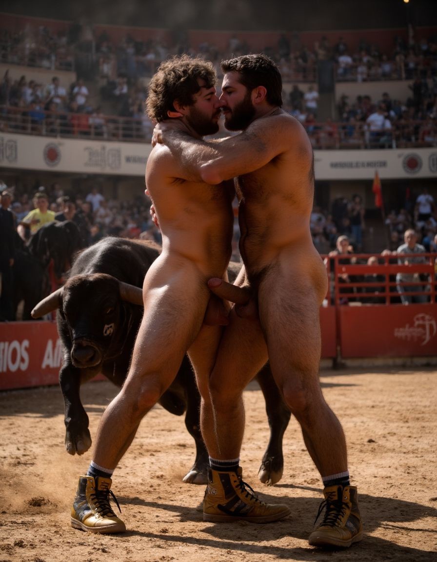 Un torero español musculoso y velludo de 50 años, con torso atlético y marcado, se muestra completamente desnudo, destacando su pene de 30 cm de longitud y 5 cm de grosor, perfectamente formado y rodeado de un denso vello púbico castaño oscuro. Sus testículos, perfectamente formados, cuelgan de forma prominente. La piel bronceada y sudorosa resalta su musculatura definida, con pectorales y abdominales bien marcados y sin grasa. El cabello largo y castaño oscuro está despeinado y sudoroso, con gotas de sudor resbalando por su frente y mejillas. Una barba incipiente y un vello corporal denso que se extiende por su pecho, piernas y brazos completan su apariencia viril. Lleva zapatillas doradas en sus pies.

A su lado, un hombre musculoso y velludo de 30 años, completamente desnudo, muestra un pene de 40 cm de longitud y 7 cm de diámetro, hermoso y perfecto, rodeado de un denso vello púbico pelirrojo. Su piel bronceada y sudorosa muestra una musculatura definida, con pectorales y abdominales muy marcados. Tiene cabello pelirrojo despeinado y sudoroso. Tiene una barba pelirroja densa pero bien recortada. El vello corporal pelirrojo denso cubre su pecho, y tiene mucho vello pelirrojo en sus piernas y brazos, lo que realza su apariencia masculina y atlética. Están en la plaza de toros con un toro salvaje. Se aman

Ambos hombres se encuentran en una plaza de toros, con sombras que resaltan su musculatura y vello corporal, creando un ambiente sensual y cargado de tensión. Están en pleno acto de pasión, con sus penes erectos y testículos prominentes colgando y moviéndose al compás de los movimientos del cuerpo, destacando su musculatura, vello corporal y atributos viriles en una imagen impactante y llena de energía. La escena está llena de sensualidad y poder, con los dos hombres como protagonistas, en un ambiente cargado de pasión y erotismo. La imagen es híper realista, con detalles de alta calidad, y muestra la unión de los dos hombres en un acto de pasión y dominio, con sus cuerpos musculosos y velludos completamente desnudos y visibles, mostrando su excitación y pasión en cada detalle. Tienen sus penes erectos. Están totalmente desnudos. Tienen un pene de 40 cm de longitud y 7 cm de diámetro. Son felices y sonríen. Amor. Se abrazan por la cintura con fuerza y pasión, están muy juntos. Sexo duro. Están abrazados y besándose en la boca con lengua. Están muy juntos apretándose el uno con el otro. Te quiero ❤️. Se besan apasionadamente. Juntan sus penes erectos a la vista del espectador. Por sus penes erectos. 