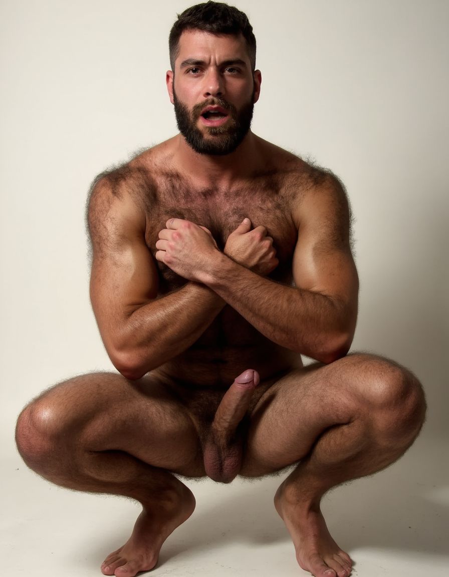 Hombre con mucho vello corporal musculoso totalmente desnudo agachado con pene erecto eyaculando y tiene el brazo izquierdo doblado tensado hacia arriba para enseñar bíceps y con la mano derecha rodea su pene erecto. Boca abierta con expresión de placer aaaaaaa