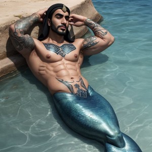 arab male mermaid man , tattooed
