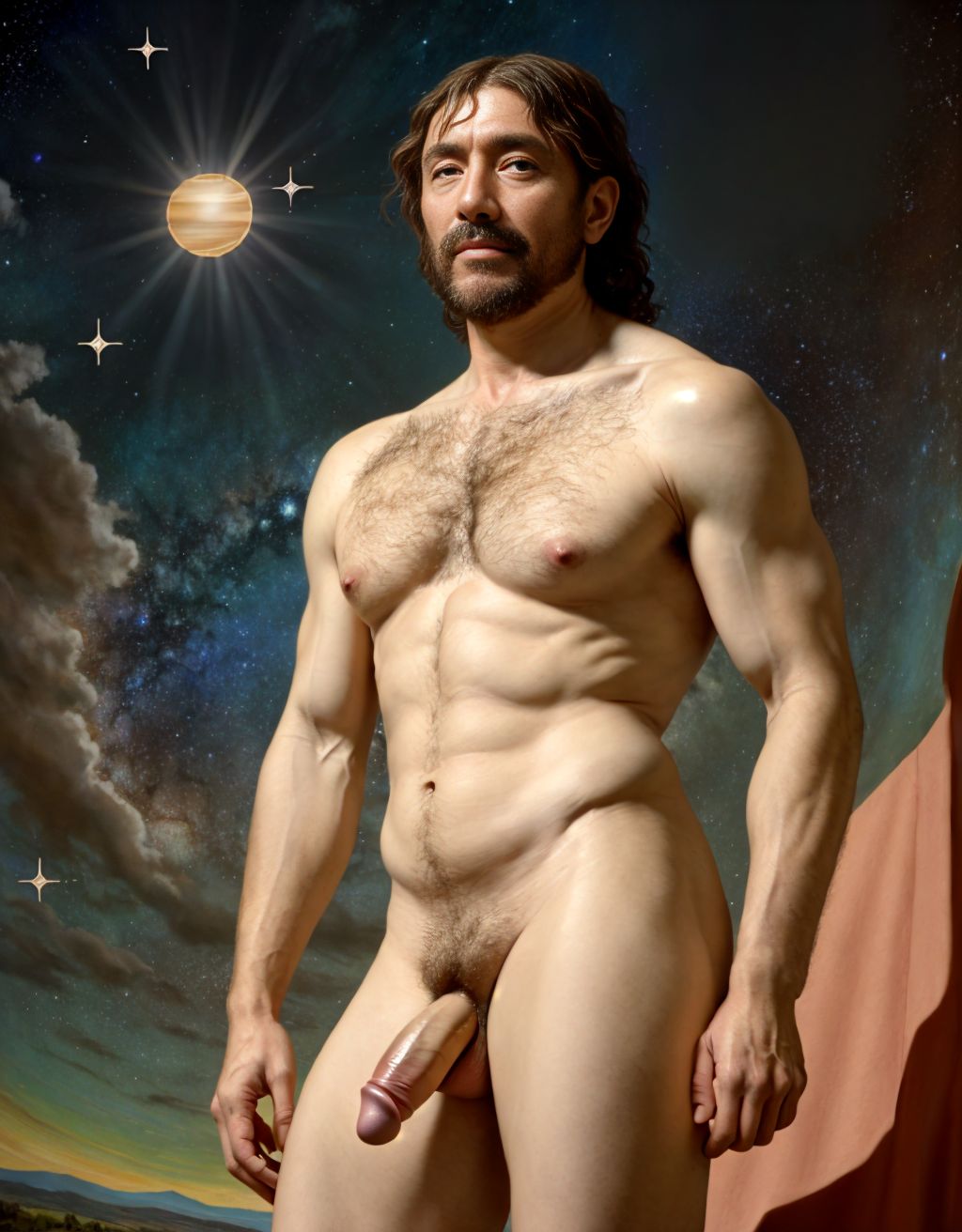 Miguel Ángel fue pintor, escultor y arquitecto renacentista, uno de los mayores artistas de la historia. Está totalmente desnudo con pene grande y testículos grandes. Tiene mucho vello en el pecho brazos y piernas. Foto muy realista texturas 8k. Rodeados de estrellas y pinturas de colores y sol reluciente que ilumina la cara y todo el cuerpo.