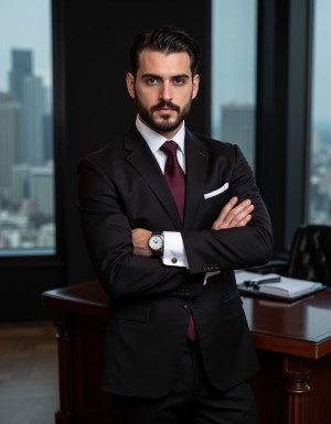 Ejecutivo español de 35 años, traje negro de tres piezas impecable, chaleco ajustado, camisa blanca impoluta, corbata granate de seda perfectamente anudada, gemelos plateados visibles, reloj de lujo en la muñeca, brazos cruzados sobre el pecho en postura dominante, expresión seria y autoritaria, mirada penetrante directa a cámara, mandíbula marcada, barba corta perfectamente recortada, pelo negro peinado hacia atrás con gomina, en despacho de lujo con escritorio de madera oscura y ventanales de rascacielos al fondo, iluminación corporativa fría, zapatos oxford negros brillantes, postura de poder absoluto, aire de superioridad y control total.