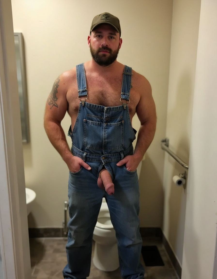 Un hombre con barba y gorra verde posa de pie en un baño pequeño, mirando directamente a la cámara con expresión seria. Lleva un peto vaquero azul desabrochado y abierto por los laterales, sin camiseta, dejando visible el torso velludo, los hombros anchos y un tatuaje en el brazo izquierdo. La parte delantera del peto queda bajada y deja el pene al descubierto, colgando sobre la tela vaquera a la altura de la entrepierna. Tiene las manos metidas en los bolsillos, vaqueros largos y botas o calzado oscuro. Al fondo se aprecia un inodoro, paredes claras, una barra metálica de apoyo y parte de un espejo, con iluminación cálida de baño interior.