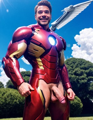 Iron Man velludo musculoso. Está totalmente desnudo. Está volando sobre una nube en el cielo azul. Tiene el pene grande. Tiene los testículos grandes y peludos. Volando. Está feliz. Tiene la piel limpia y húmeda. Tiene ojos verdes y dientes blancos.