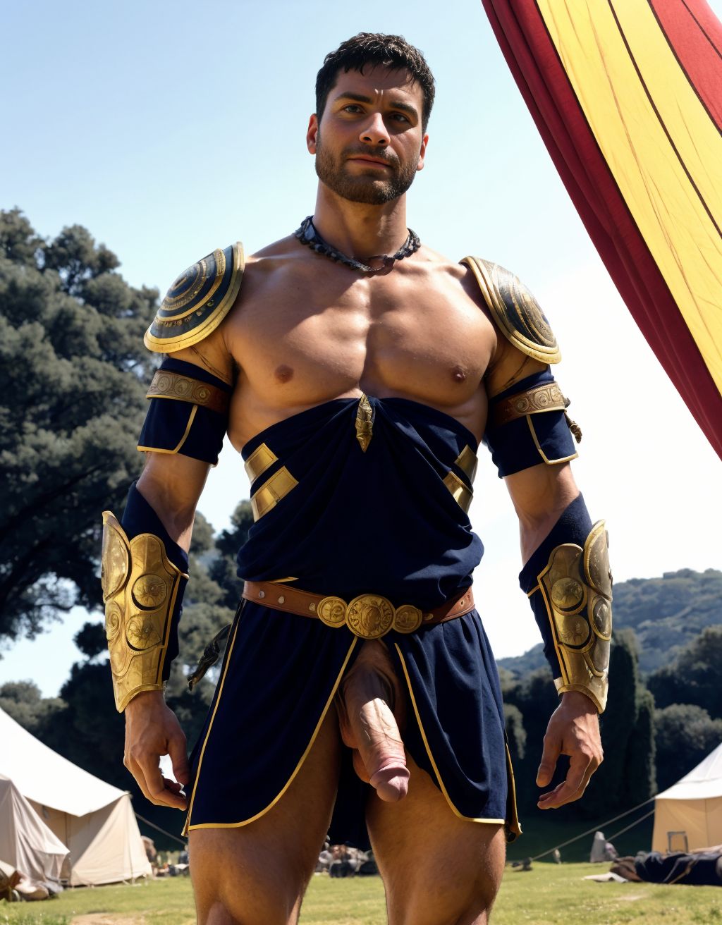 Octavio Augusto es emperador de Roma. Está desnudo de pie. Es delgado y muy alto. Está en un campamento romano con hombres militares romanos desnudos con ((penes perfectos)). 