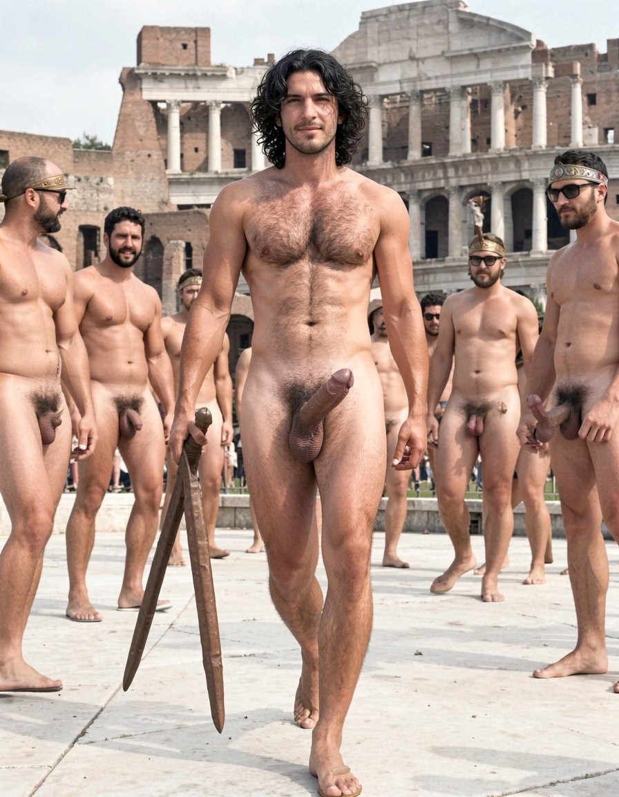 Gladiador romano con pene erecto de 28 cm de longitud y 7 cm de diámetro, tiene una espada el mano derecho. Es muy velludo y tiene pectorales poderosos. Tiene pelo ondulado y negro. Está caminando. Está en el Coliseo en la época del imperio romano del año 459 rodeado de gladiadores desnudos