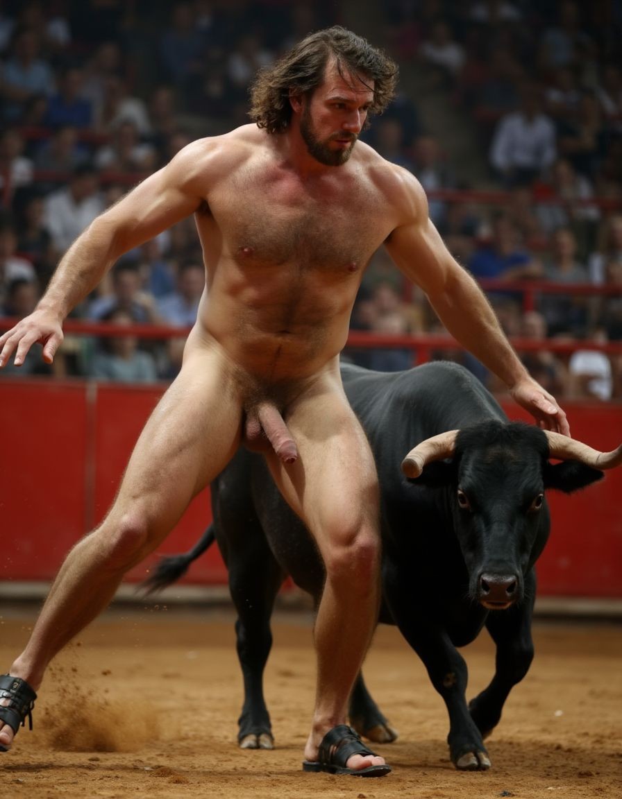 Hombre musculoso y velludo, torero español de 50 años, con un torso musculoso, tiene un pene hermoso perfecto y de tamaño XXL, tiene mucho vello púbico denso y moreno, piel bronceada y sudorosa. Tiene una barba incipiente, mientras su cabello largo castaño oscuro está despeinado y sudoroso, con gotas de sudor que resbalan por su frente y mejillas. Su torso de atleta marcado definido y sus abdominales y pectorales están muy marcados y definidos, tiene un vello corporal muy denso que se extiende desde su pecho hasta sus piernas y hasta sus brazos y espalda.
Tiene un pene muy grueso de 25 cm de longitud con forma perfecta está rodeado de un denso vello púbico castaño oscuro. Tiene dos testículos de grandes dimensiones y perfectamente formados que cuelgan por debajo. Tiene piel bronceada con brillo de sudor y sus músculos están en forma y bien definidos con aspecto delgado pero sobresalen sus pectorales muy marcados sin nada de grasa.
La escena está en una plaza de toros en un ambiente sensual con sombras que resaltan la musculatura y el vello corporal del hombre.
Tiene sandalias en sus pies. Su pene está erecto y enseña sus enormes testículos. A su lado hay un toro. Está saltando para subir sobre el lomo del toro 