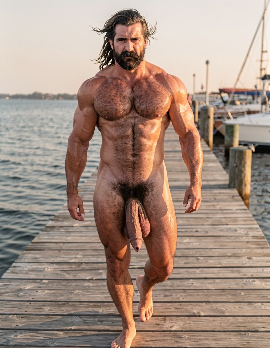 Ultra photorealistic 32k museum quality, cinematic golden hour lighting over the sea, perfect anatomy and proportions with zero distortion. Full body shot of Gayon Von Neumann walking alone along an old wooden pier at the maritime port. He is completely naked, 45 years old, 1.85m, 82kg, 4% body fat, brutally muscular and extremely hairy with thick black body hair covering his powerful chest, abs, arms and legs. Thick well-groomed black mustache, dense joined eyebrows, small intense dark eyes now dry but still slightly red. He has just wiped his tears and now looks straight ahead with a hard, arrogant and determined expression, jaw clenched. His massive 26cm thick veined cock hangs heavy and low between his powerful hairy legs, big low-hanging balls swinging with each step. Realistic wind moving his body hair, golden sunset light hitting his sweaty skin, detailed muscle definition and vascularity, hyperrealistic skin texture, maximum realism, no surrealism, no deformation.