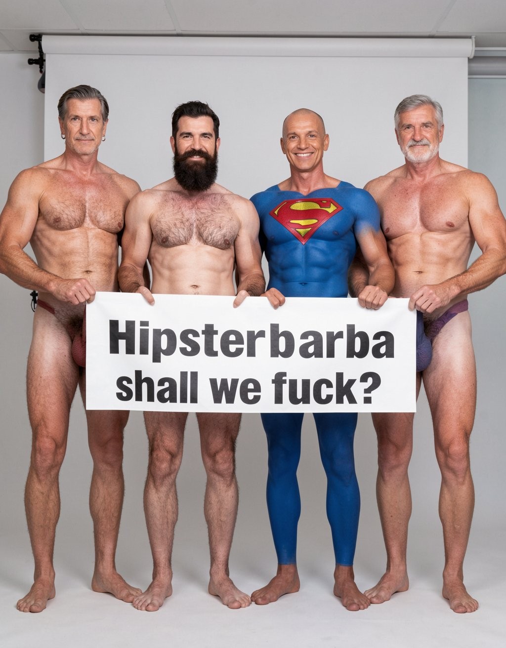 Four naked muscular men holding banner text Hipsterbarba ¿me amas? ultra high quality 8K photorealistic: El Comandante Spanish military leader 45 years short gray hair stern commanding face muscular trained body 185cm 85kg standing far left holding left edge of banner with both hands completely naked massive erect uncircumcised penis 25cm thick veiny shaft visible below banner heavy balls alpha dominant stance, Soldado Bartolo Spanish soldier 35 years thick dark full beard short hair very hairy muscular chest arms legs groin 180cm 80kg standing center-left holding banner completely naked large erect uncircumcised penis 18cm thick visible hairy balls masculine hairy build playful smirk, Superman alien superhero 195cm 100kg perfect bronzed smooth hairless skin short black hair with characteristic curl bright blue eyes massive superhuman muscles standing center-right holding banner completely naked enormous erect penis 23cm steel hard thick shaft visible smooth heavy balls god-like physique confident smile, General Rodolfo Castaños 60 years short gray military hair thick gray mustache experienced muscular body 175cm 75kg standing far right holding right edge of banner completely naked thick erect penis 20cm visible mature heavy balls military bearing knowing expression, all four men standing in horizontal row full body visible head to feet holding between them large white fabric banner at chest level with bold black letters spelling Hipsterbarba ¿follamos? question mark clearly readable professional typography banner stretched tight all four erect penises balls completely visible below banner military office background professional studio lighting 8K photorealistic resolution masterpiece quality inviting expressions.