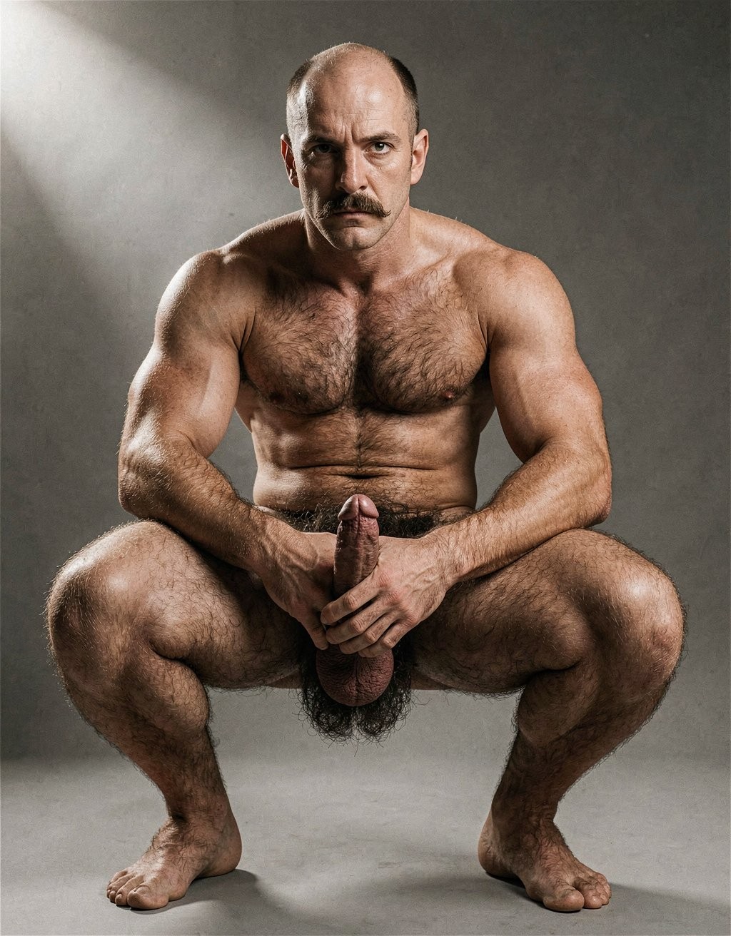 Naked man with a very muscular build, shaved head, thick mustache, and serious expression, posing in a squat in front of a gray studio background with soft side lighting. His hairy torso, defined chest, abs, strong arms, and open legs occupy the center of the composition, creating an intense and symmetrical frontal pose. The hands directly hold the penis and scrotum, with pubic hair visible between the thighs. The scene has the photographic character of a body portrait, raw and explicit, centered on male anatomy, physical strength, and full nudity.