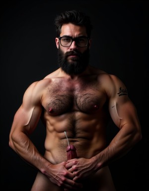 Fotografía hiperrealista de un hombre adulto musculoso a la vista desde las rodillas para arriba hasta la cabeza, rostro masculino idéntico a la imagen de referencia totalmente desnudo con polla erecta de treinta centímetros de longitud y ocho centímetros de diámetro, tiene rasgos marcados duros expresivos, barba densa poblada tupida oscura estilo hipster cubriendo completamente mandíbula mentón mejillas con grosor uniforme textura abundante muy definida, bigote denso tupido oscuro conectado perfectamente con la barba completa cubriendo completamente el labio superior, pelo oscuro medio peinado completamente recto hacia arriba con volumen considerable estilo hipster moderno quiff puntas verticales texturizadas hacia el cielo con altura prominente, cejas gruesas oscuras pobladas muy marcadas definidas, gafas de montura completa negra cuadradas grandes estilo hipster moderno sobre el puente de la nariz enmarcando unos ojos oscuros intensos que miran directamente a cámara con expresión seria penetrante confiada, expresión facial seria masculina sin sonrisa con mirada directa desafiante, pómulos marcados definidos angulares, nariz recta proporcionada, labios medios apenas visibles completamente cubiertos por bigote denso que conecta con la barba hipster completa, torso desnudo muy musculoso con pectorales enormes desarrollados y definidos y velludos peludos, hombros anchos musculosos deltoide prominentes, brazos musculosos gruesos con bíceps y tríceps marcados visibles a ambos lados del cuerpo, abdomen tonificado marcado visible desde la cintura, piel con textura realista detallada poros imperfecciones sutiles, vello corporal denso oscuro abundante cubriendo pectorales abdomen brazos hombros con textura natural masculina muy visible, tatuaje en tinta negra en el bíceps del brazo derecho con la palabra exacta ((