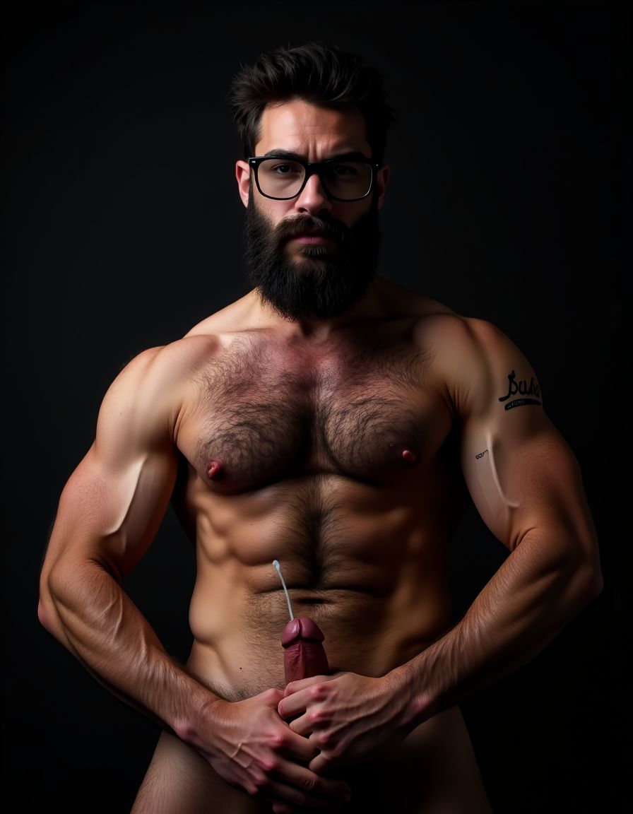 Fotografía hiperrealista de un hombre adulto musculoso a la vista desde las rodillas para arriba hasta la cabeza, rostro masculino idéntico a la imagen de referencia totalmente desnudo con polla erecta de treinta centímetros de longitud y ocho centímetros de diámetro, tiene rasgos marcados duros expresivos, barba densa poblada tupida oscura estilo hipster cubriendo completamente mandíbula mentón mejillas con grosor uniforme textura abundante muy definida, bigote denso tupido oscuro conectado perfectamente con la barba completa cubriendo completamente el labio superior, pelo oscuro medio peinado completamente recto hacia arriba con volumen considerable estilo hipster moderno quiff puntas verticales texturizadas hacia el cielo con altura prominente, cejas gruesas oscuras pobladas muy marcadas definidas, gafas de montura completa negra cuadradas grandes estilo hipster moderno sobre el puente de la nariz enmarcando unos ojos oscuros intensos que miran directamente a cámara con expresión seria penetrante confiada, expresión facial seria masculina sin sonrisa con mirada directa desafiante, pómulos marcados definidos angulares, nariz recta proporcionada, labios medios apenas visibles completamente cubiertos por bigote denso que conecta con la barba hipster completa, torso desnudo muy musculoso con pectorales enormes desarrollados y definidos y velludos peludos, hombros anchos musculosos deltoide prominentes, brazos musculosos gruesos con bíceps y tríceps marcados visibles a ambos lados del cuerpo, abdomen tonificado marcado visible desde la cintura, piel con textura realista detallada poros imperfecciones sutiles, vello corporal denso oscuro abundante cubriendo pectorales abdomen brazos hombros con textura natural masculina muy visible, tatuaje en tinta negra en el bíceps del brazo derecho con la palabra exacta ((