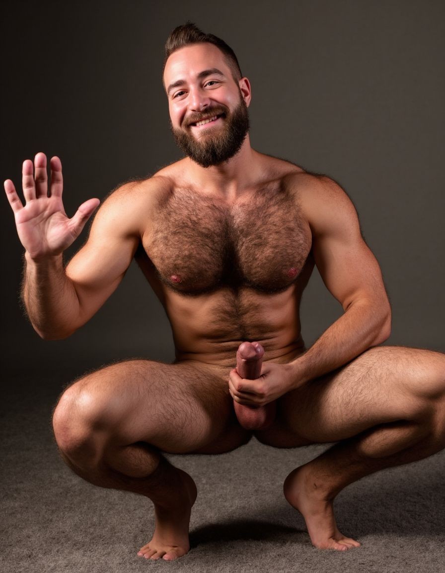 Un hombre desnudo posa en cuclillas sobre un suelo gris, con las piernas abiertas y el cuerpo orientado hacia la cámara, mostrando un torso musculoso y muy velludo, brazos fuertes y barba poblada. Sonríe de forma relajada mientras levanta una mano en gesto de saludo y con la otra sujeta su pene, visible entre los muslos. La iluminación de estudio resalta la definición del pecho, abdomen, hombros y muslos, creando sombras suaves sobre el fondo oscuro y neutro. La escena transmite una actitud confiada, directa y natural, con un encuadre centrado en el cuerpo masculino desnudo, la expresión amable y la postura agachada.