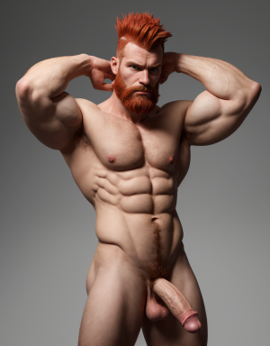 Hombre caucásico de 1,9 metros, 25 años, piel clara, cabello con corte mohicano rojizo lacio, barba incipiente, expresión de desprecio, vello corporal rojizo, sixpack visible, pene y testículos visibles, manos detrás de la cabeza, trapecios y deltoides marcados, fondo gris degradado. Músculos desarrollados, hombros prominentes, solo un pene visible, de pie. En la imagen se lo ve de pies a cabeza. fotografía profesional, enfoque en su desnudez y pene visible, detalles anatómicos realistas.