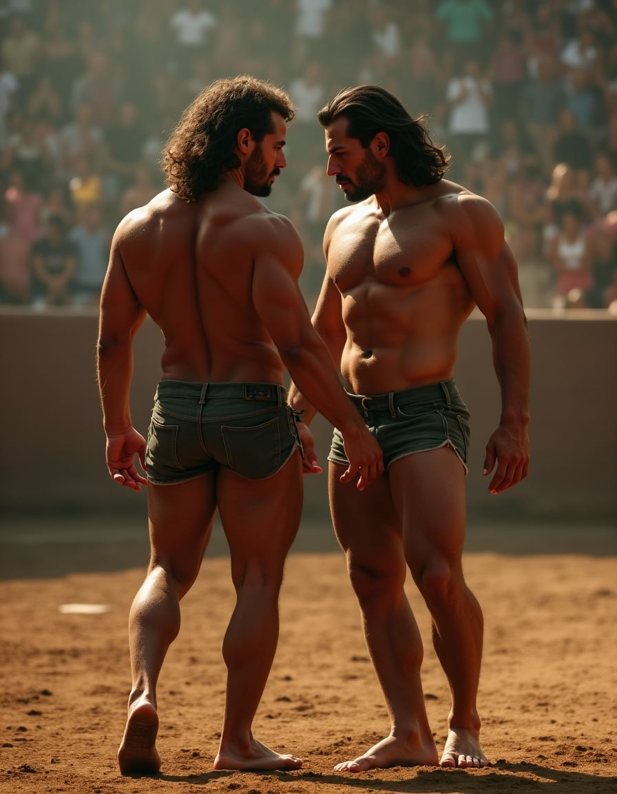 Un hombre musculoso y velludo de 50 años, torero español, con un torso atlético y marcado, está totalmente desnudo, tiene un pene de 30 cm de longitud y 5 cm de grueso perfectamente formado y rodeado de un denso vello púbico castaño oscuro. Tiene testículos de grandes dimensiones y perfectamente formados, cuelgan de manera prominente. La piel bronceada y sudorosa resalta su musculatura definida, con pectorales y abdominales bien marcados y sin grasa. El cabello largo y castaño oscuro está despeinado y sudoroso, con gotas de sudor resbalando por su frente y mejillas. Una barba incipiente y un vello corporal denso que se extiende por su pecho, piernas y brazos completan su apariencia viril. Tiene sandalias marrones en sus pies.

A su lado, un hombre musculoso y velludo de 30 años, también totalmente desnudo, muestra un pene erecto de 30 cm de longitud y 4 cm de grueso, hermoso y perfecto, rodeado de un denso vello púbico moreno. Su piel bronceada y sudorosa también muestra una musculatura definida, con pectorales y abdominales bien marcados. El cabello largo y rubio oscuro está despeinado y sudoroso, y una barba. El vello corporal denso en su pecho, piernas y brazos añade a su apariencia masculina y atlética.

Ambos hombres están en una plaza de toros, con sombras que resaltan su musculatura y vello corporal, creando un ambiente sensual y cargado de tensión. Están follando, con sus penes erectos y testículos prominentes, destacando su musculatura, vello corporal y atributos viriles en una imagen impactante y llena de energía. La escena está llena de sensualidad y poder, con los dos hombres y el toro como protagonistas, en un ambiente cargado de pasión y erotismo. La imagen es hiperrealista, con detalles de alta calidad, y muestra la unión de los dos hombres con el toro en un acto de pasión y dominio. Son hombres muy machos muy varoniles. Penes erectos. Están totalmente desnudos y muy excitados y pollas visibles