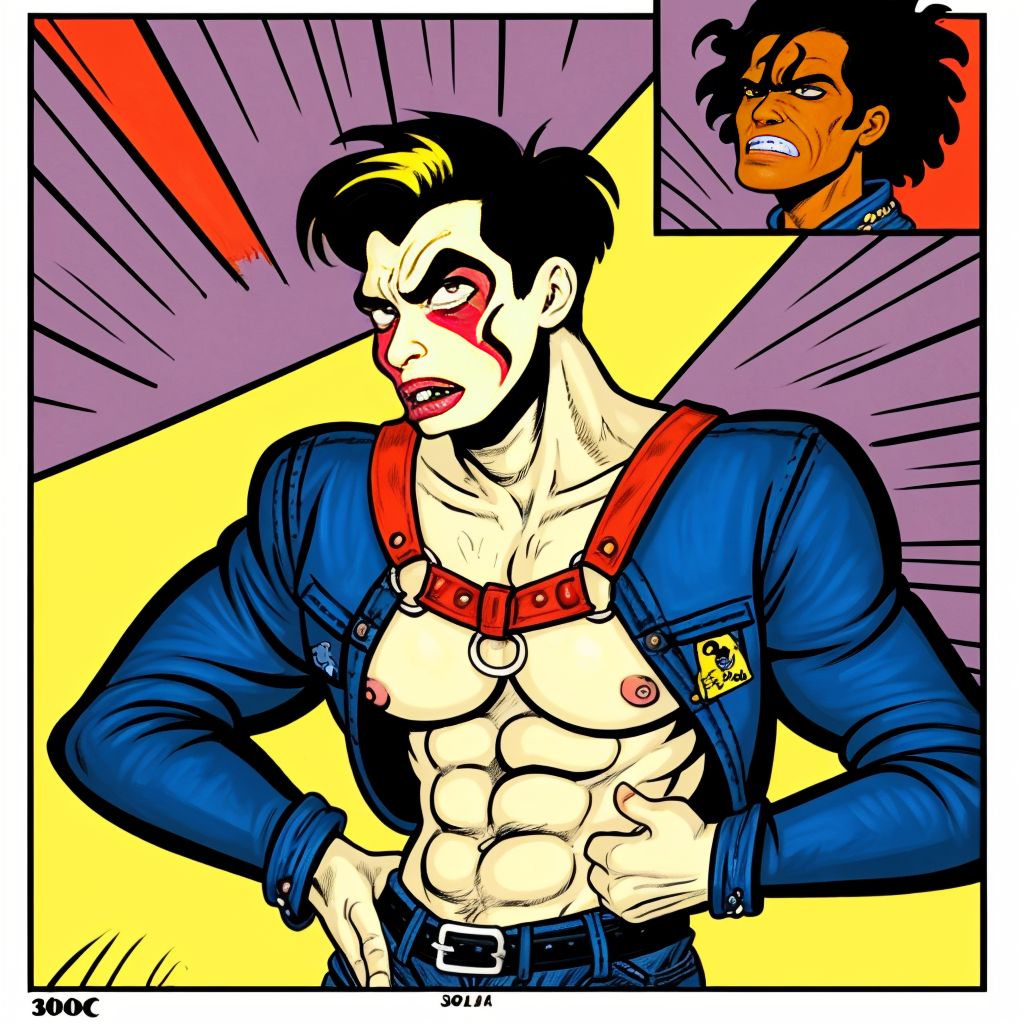 Dos hombres de 30 años, pene visible, con chaquetas de denim desgastadas y arneses de cuero gastados, en una celda de mazmorra oscura y vibrante, con expresiones de desafío y cansancio, posados dinámicamente, con colores intensos y líneas exageradas, inspirado en Lichtenstein y Basquiat