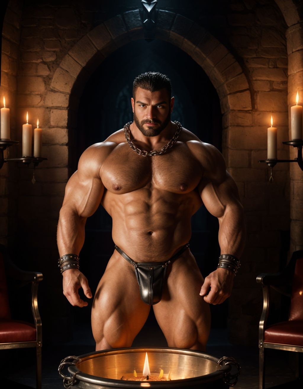 Astérix y Obélix con arnés de cuero, un hombre desnudo y musculoso dentro de una marmita de metal, en una oscura habitación BDSM con cadenas y cuero, iluminada por velas rojas, atmósfera sensual y provocativa.