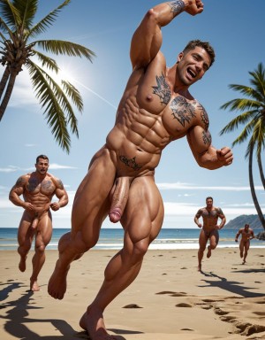 Tres soldados de caballería, desnudos musculosos y muy tatuados, de 30 años de edad, disfrutan de su día de descanso haciendo deporte en una playa del Pacífico, están corriendo en la orilla del mar, están desnudos y mostrando su grandes penes y hermosos testículos. Tienen mucho vello por todo el cuerpo. Hay mucha luz solar alumbrando todo el ambiente. Sus genitales se mueven hacia los lados chocando