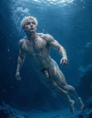 Un hombre desnudo nada bajo el agua en un entorno azul profundo, con el cuerpo musculoso iluminado por reflejos ondulantes que marcan el torso, los abdominales, los brazos y las piernas. Su pelo rubio flota ligeramente mientras mira hacia arriba, como si ascendiera hacia la superficie, rodeado de burbujas y una luz tenue que atraviesa el agua. La postura alargada y dinámica transmite movimiento y suspensión, con los pies extendidos y una mano relajada. El pene queda visible de forma frontal, integrado en una escena submarina natural, fría y cinematográfica, con rocas oscuras y fondo acuático difuso.