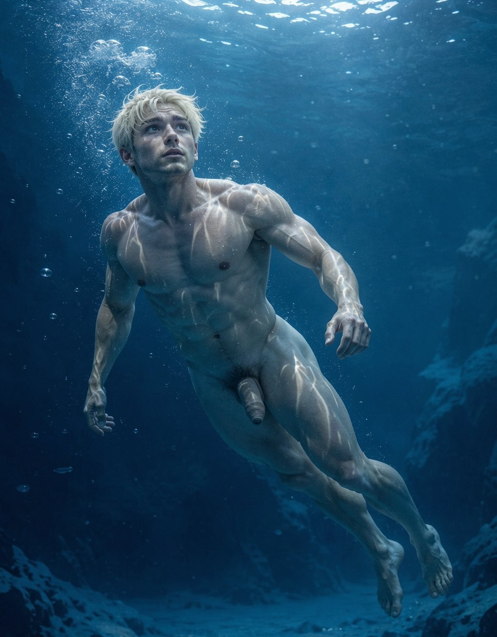 A naked man swims underwater in a deep blue environment, his muscular body illuminated by rippling reflections that define his torso, abs, arms, and legs. His blond hair floats slightly as he looks upward, as if rising toward the surface, surrounded by bubbles and faint light filtering through the water. The elongated, dynamic posture conveys movement and suspension, with feet extended and one hand relaxed. The penis is visible from the front, integrated into a natural, cold, cinematic underwater scene, with dark rocks and a blurred aquatic background.