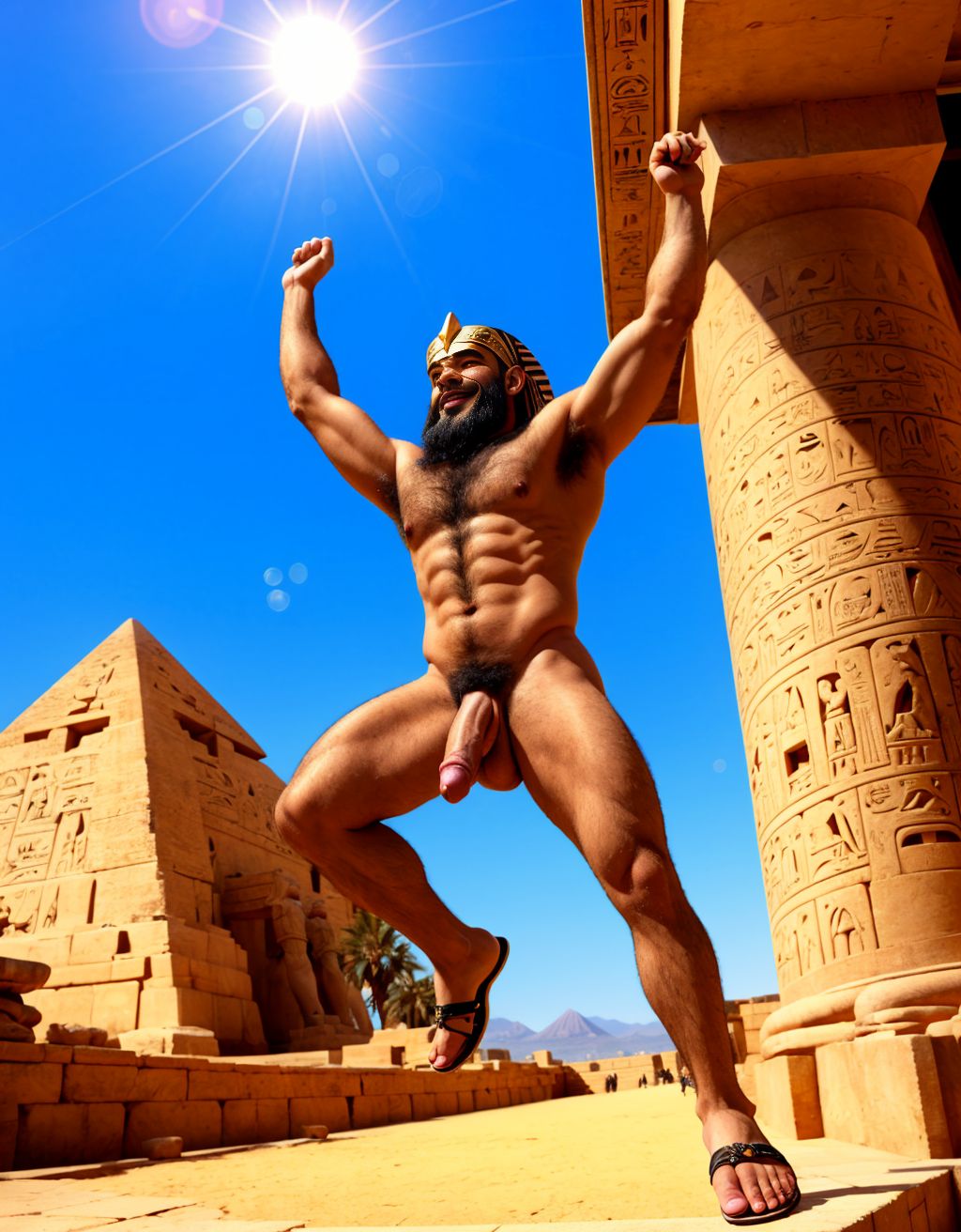 Faraón Ramsés 2 desnudo. Tiene pene grande perfecto. Tiene  testículos prominentes y perfectos muy velludos. Tiene vello corporal abundante. Tiene vello en pecho. Tiene sandalias. Está en un ambiente antiguo egipcio con pirámides, templos y esfinges bajo sol dorado. Se ven los testículos con mucho vello. El pene es perfecto. La cara tiene aspecto muy viril. Tiene el cuerpo perfecto y con actitud muy viril. Sus testículos sobresalen por debajo del pene y se mueven al andar. Levanta los  brazos para señalar con los dedos de las manos hacia las nubes azules. Tiene barba muy poblada y grande. Tiene mucho vello en el pecho. Tiene el pelo largo vaporoso sobre los hombros y movido hacia atrás por el viento. Tiene los ojos azules. Está mirando inclinado hacia arriba y con la cara mirando hacia arriba buscando una estrella en el cielo. Tiene pezones extra largos y son perfectos. Salta al final del camino para coger un pájaro. Tiene la cara alegre. Tiene la cintura muy estrecha. Tiene la cintura muy delgada. Tiene el cuerpo muy estilizado y delgado de una altura de 190 cm. Tiene sandalias de color negro. Están saltando de alegría.