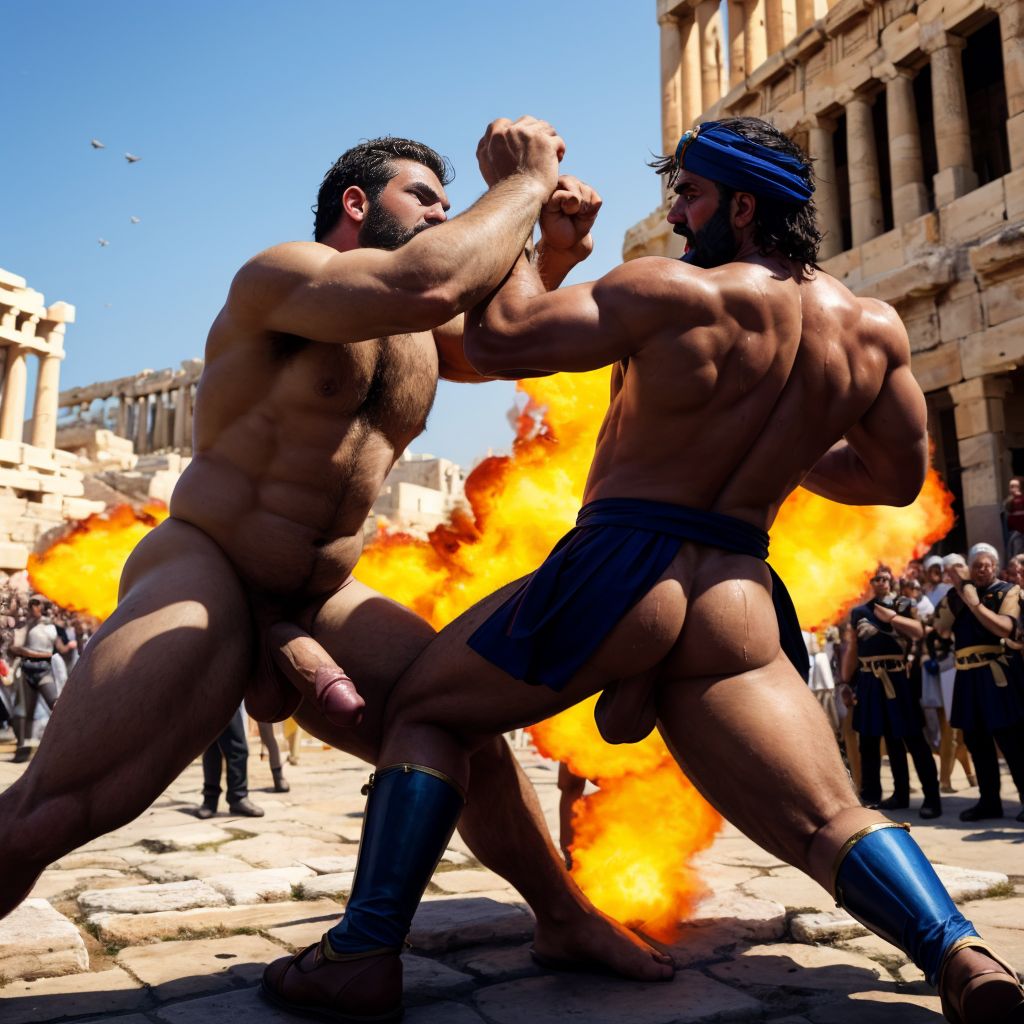 Harmodio y Aristogitón están desnudos. Tienen grandes testículos muy velludos. Luchan contra Hipias e Hiparco en Atenas. Luchan y saltan para dar puñetazos en el abdomen. Golpean con sus grandes penes 