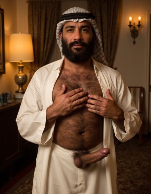 La imagen es explícita y muestra claramente el pene erecto, peludo y lleno de venas del hombre árabe. Un hombre árabe maduro de unos 50 años, con barba y bigote espesos, y un cuerpo peludo, viste un traje tradicional árabe, pero está desabrochado, mostrando su pecho velludo. Su mirada es intensa y dominante. Está de pie en una habitación lujosa con alfombras y cortinas de seda, con una iluminación cálida y sensual. La polla del maduro es gruesa de 40 cm de longitud y 8 cm de diámetro y es peluda, y está a punto de eyacular. Pone sus manos rodeando su pene para masturbarse 