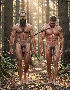 Hyperrealistic cinematic photograph, full body side view, perfect anatomy and proportions, zero distortions or deformations. Dense dark forest with a narrow dirt path covered in leaves and roots, soft golden hour light filtering through the tall trees creating long dramatic shadows. Natural outdoor setting with realistic foliage and earthy tones.

Hipsterbarba, 40 years old, 180cm, 80kg, 8% body fat, walks dominant and completely naked on the left side of the frame. Powerful muscle bear physique covered in dense dark body hair on his broad chest, shoulders, abs and thick thighs. Long thick Bandholz beard reaching almost to his chest, curled handlebar mustache, black glasses, serious and superior expression as he looks straight ahead. His right hand firmly gripping a black leather leash, pulling it with steady tension.

Anil, 25 years old, extreme bodybuilder slave, 175cm, 80kg, 6% body fat, follows one step behind on the right, also completely naked. Smooth tanned skin from the neck down glistening with a light layer of fresh sweat. Massive 127cm chest, deep eight-pack abs, 47cm veiny arms, tiny 60cm waist, round 90cm bubbly glutes and 70cm competition quads. Clear tattoo 