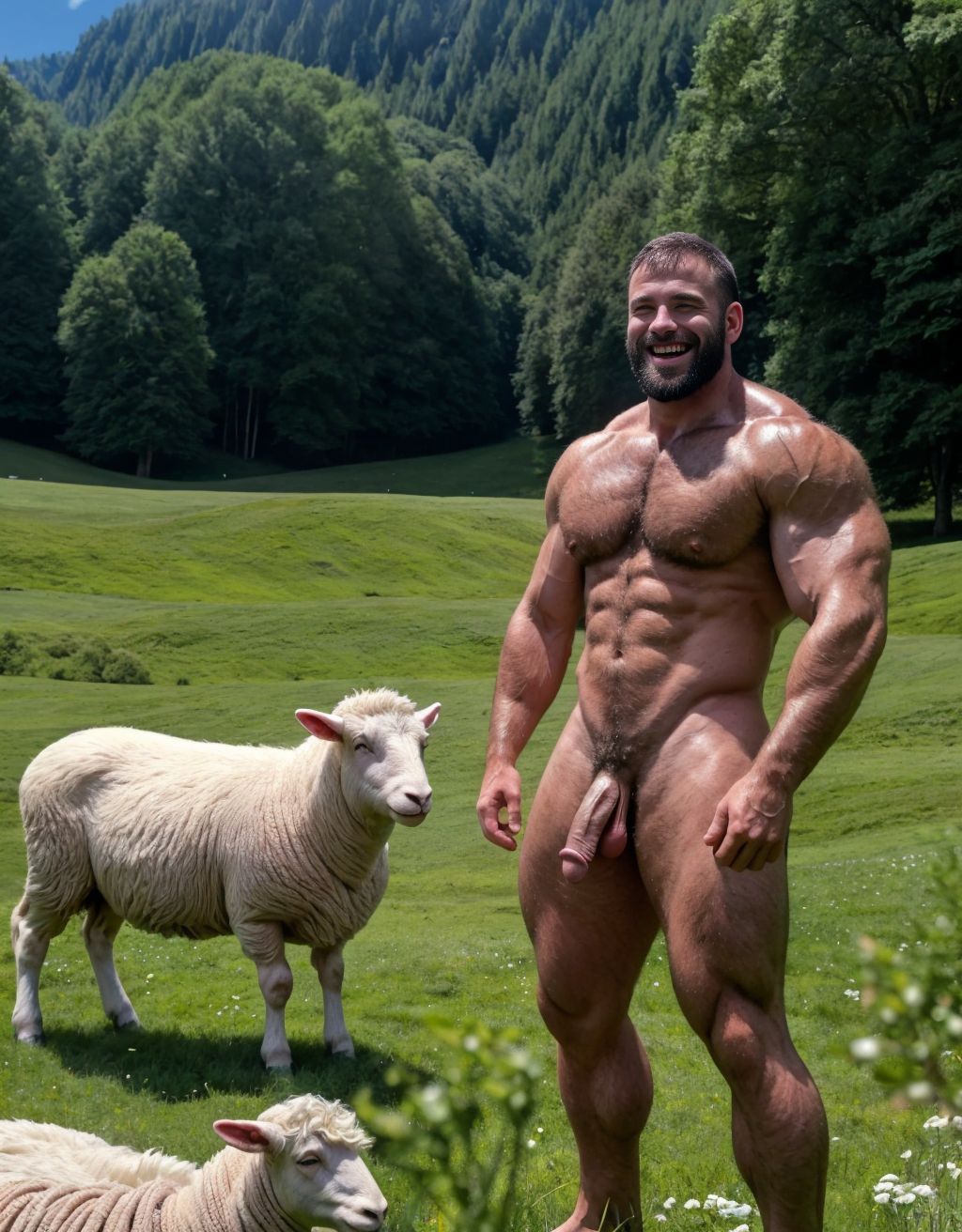 Dos hombres desnudos musculosos velludos están son pastores de ovejas en el prado verde. Están contentos y alegres. Tienen el pene grande de donde sale mucho semen líquido blanco. Tienen los testículos grandes y peludos.